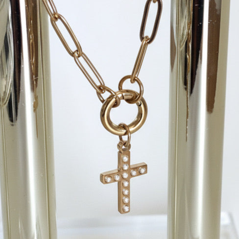 Pearl Cross Paperclip Necklace