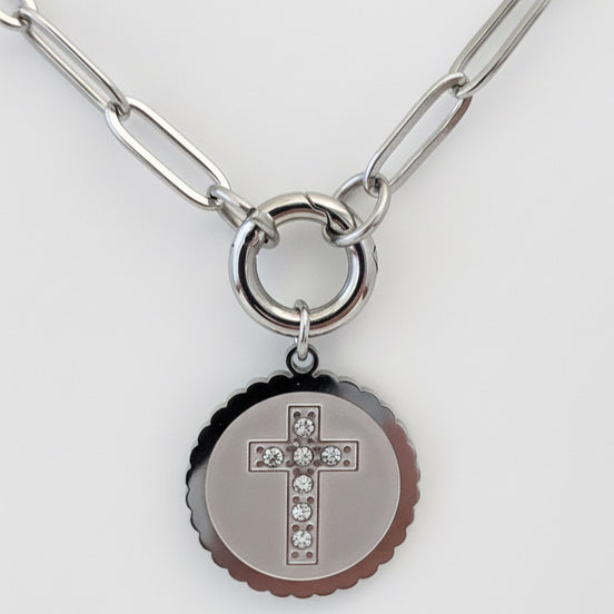 Stone Cross Medallion Paperclip Necklace