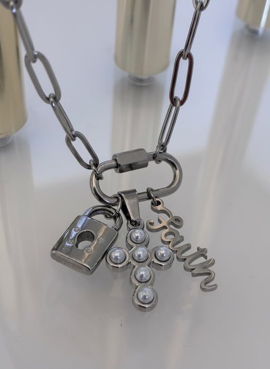 Secure in Faith Pearl Cross Carabiner Necklace
