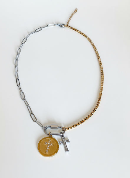 Mixed Metal Carabiner Double Cross Necklace