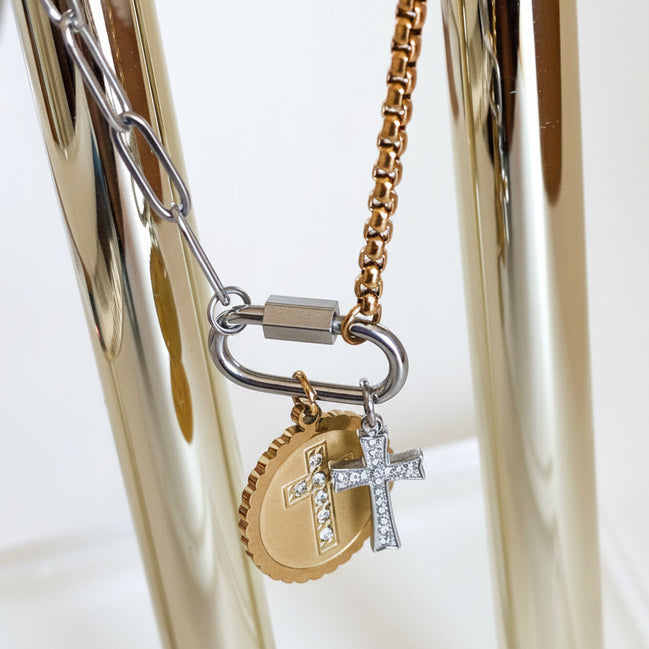 Mixed Metal Carabiner Double Cross Necklace