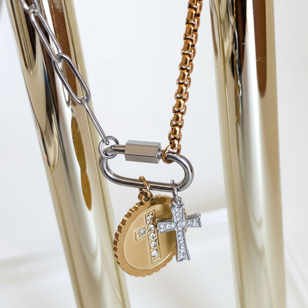Mixed Metal Carabiner Double Cross Necklace