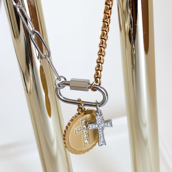 Mixed Metal Carabiner Double Cross Necklace