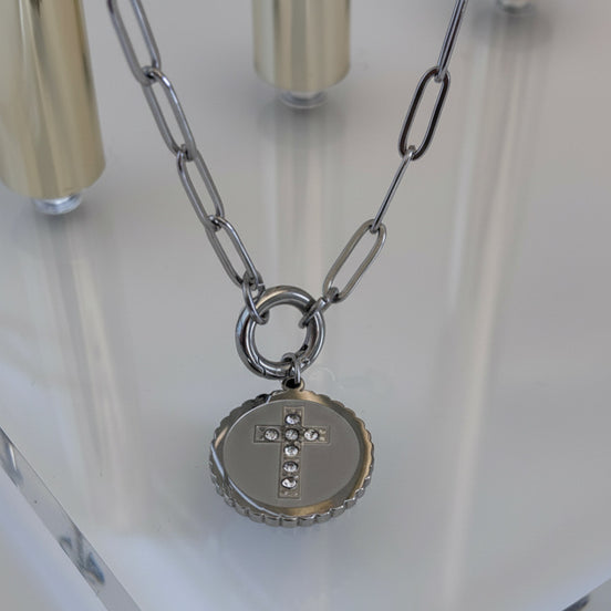 Stone Cross Medallion Paperclip Necklace