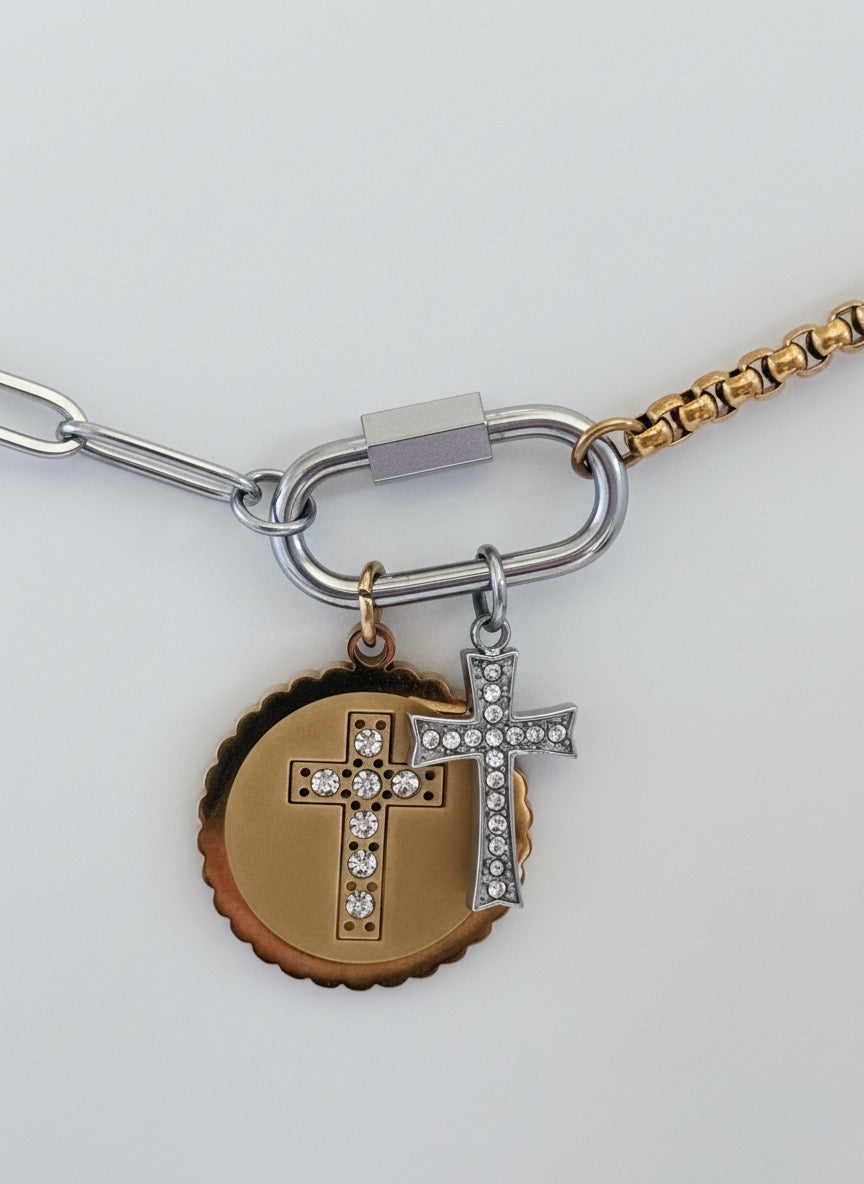 Mixed Metal Carabiner Double Cross Necklace