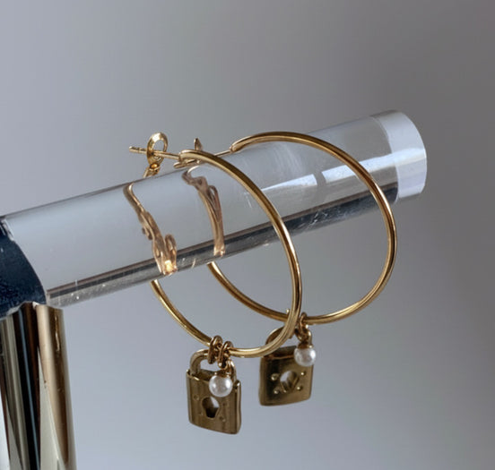 Pearl & Padlock Charm Hoop Earrings