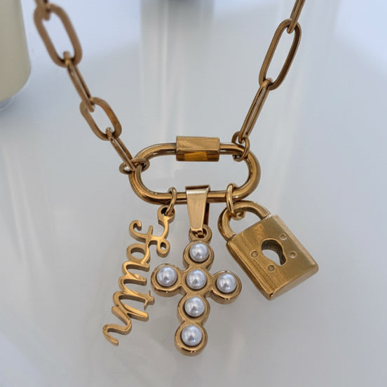 18K Gold Plated Secure in Faith Pearl Cross Carabiner Necklace