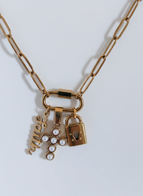 18K Gold Plated Secure in Faith Pearl Cross Carabiner Necklace