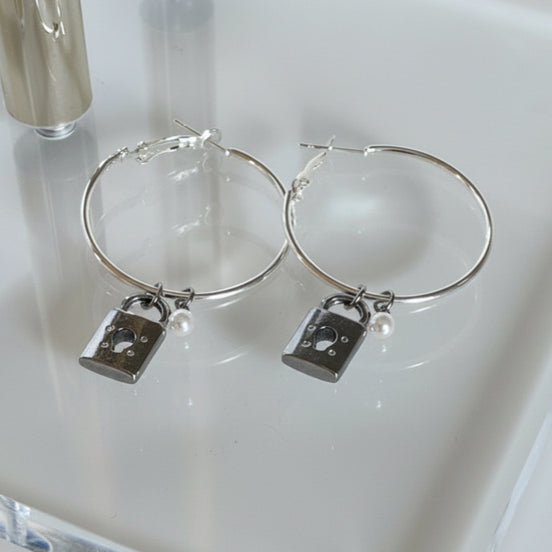 Pearl & Padlock Charm Hoop Earrings