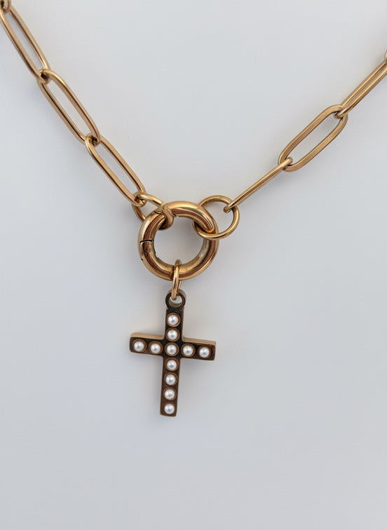 Pearl Cross Paperclip Necklace