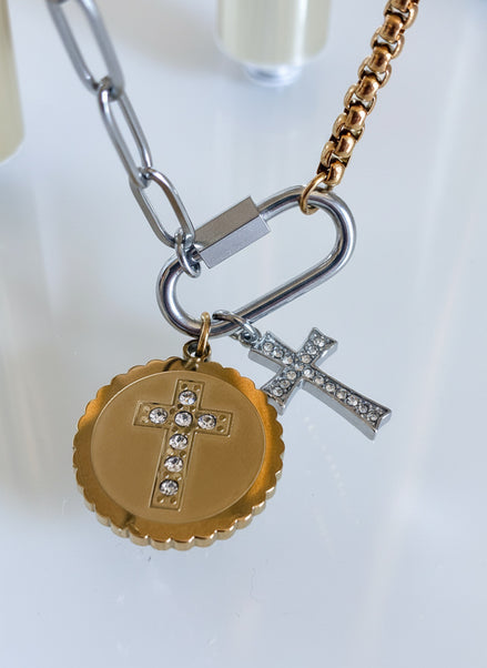 Mixed Metal Carabiner Double Cross Necklace
