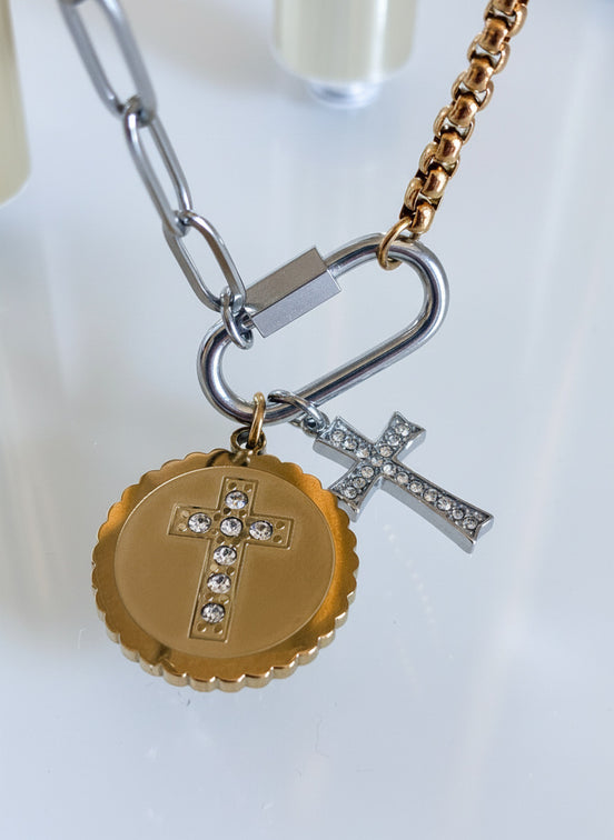 Mixed Metal Carabiner Double Cross Necklace