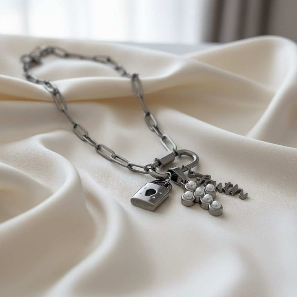 Pearl Cross Carabiner Necklace